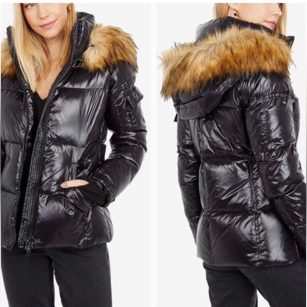 S13 Black Down Puffer Jacket Faux Fur Trim Winter Warm Cozy Hooded Womens Large